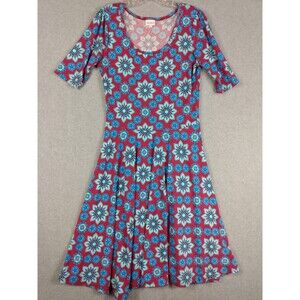 LuLaRoe Dress Womens Medium Red Blue Floral Stretch Short Sleeve Flare Skater